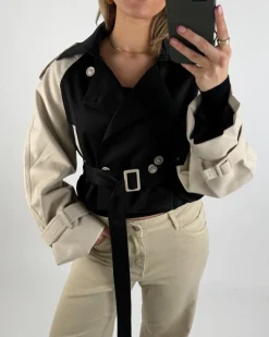 ANNABELLE kort trenchcoat, sort/beige