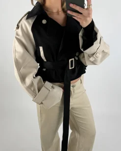 ANNABELLE kort trenchcoat, sort/beige