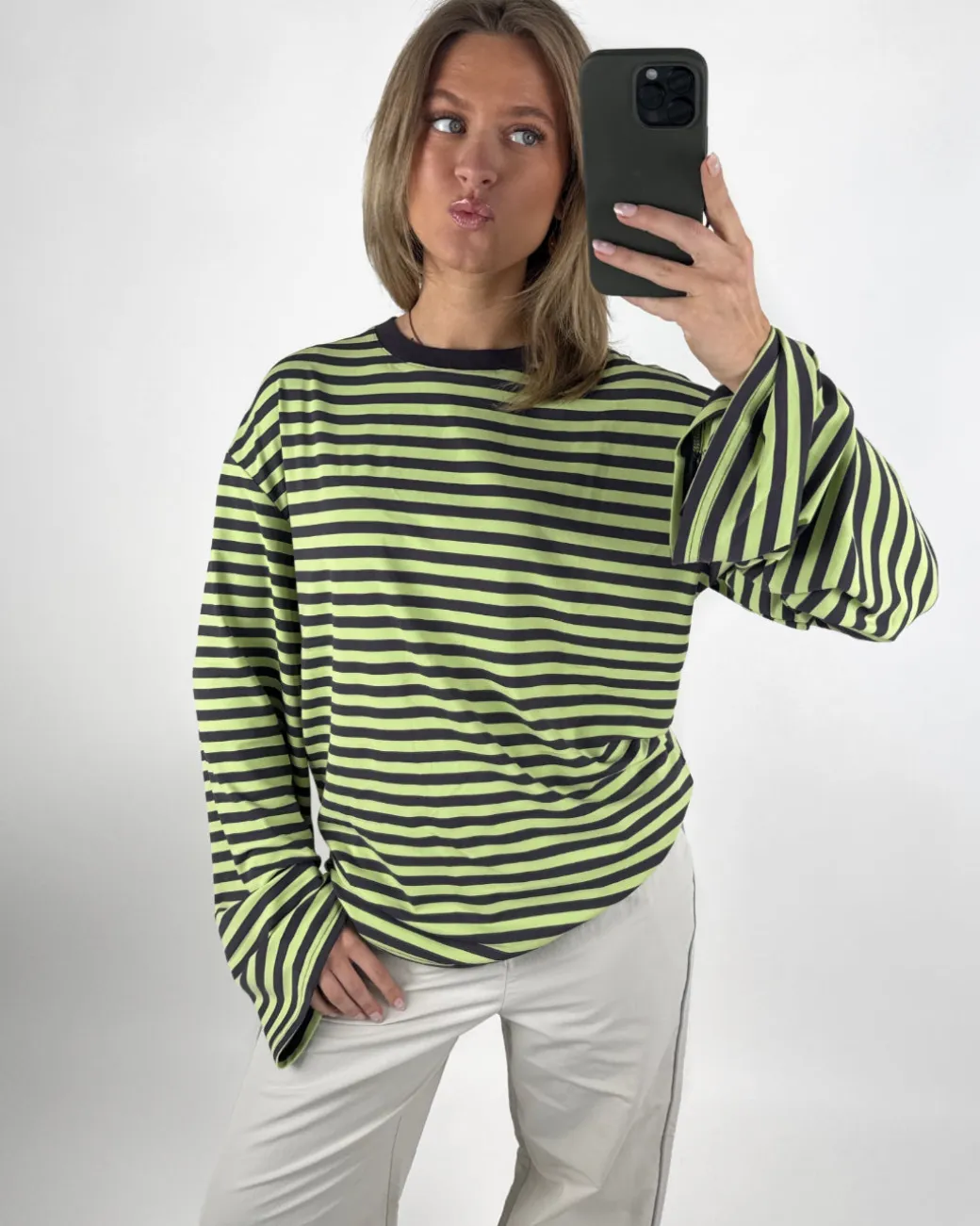 BIANCA oversized stribet long sleeve, grøn/brun