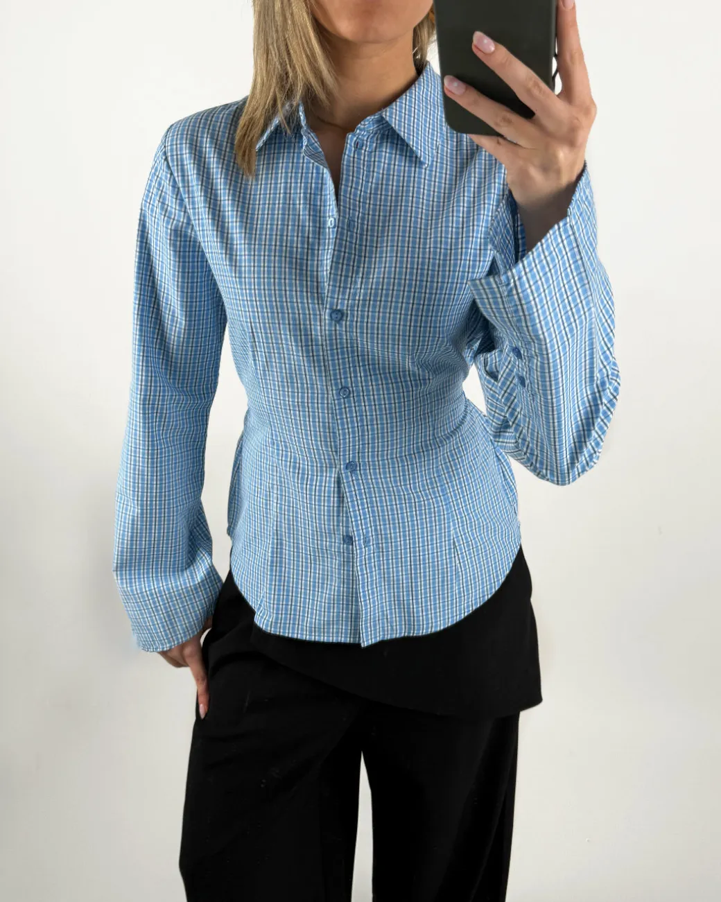CARO waisted skjorte, ternet blå