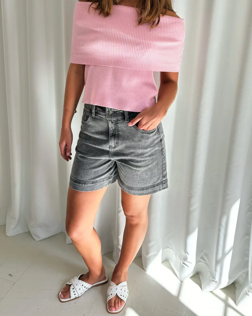 DELAL off shoulder top, lyserød