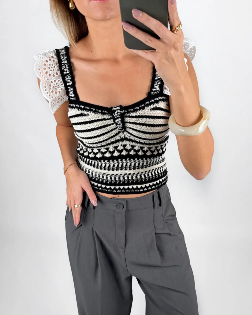 KENDRA strik top, hvid/sort