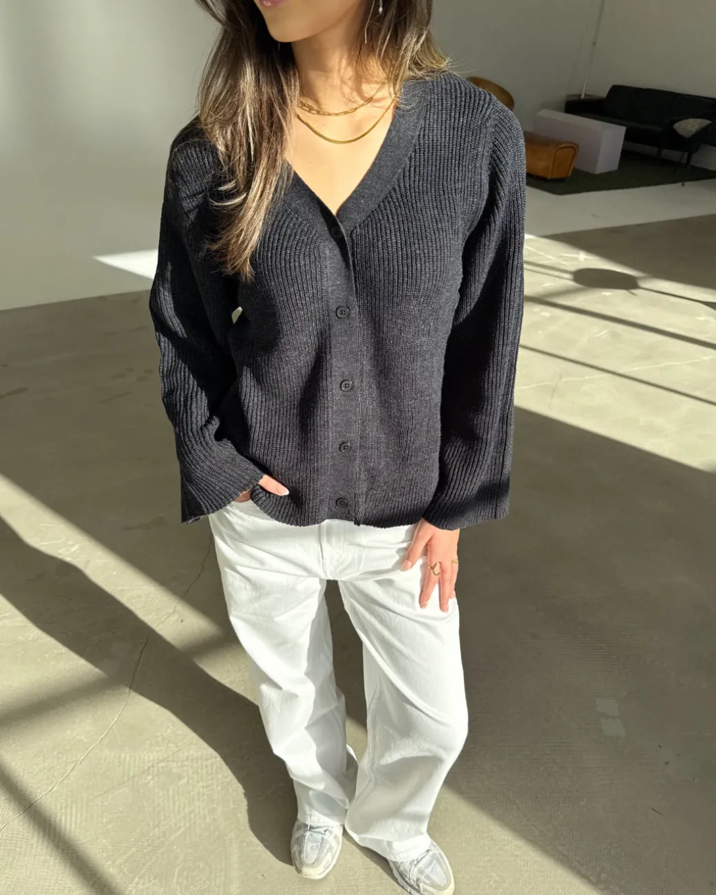 LUCY langærmet strik cardigan, mørkegrå